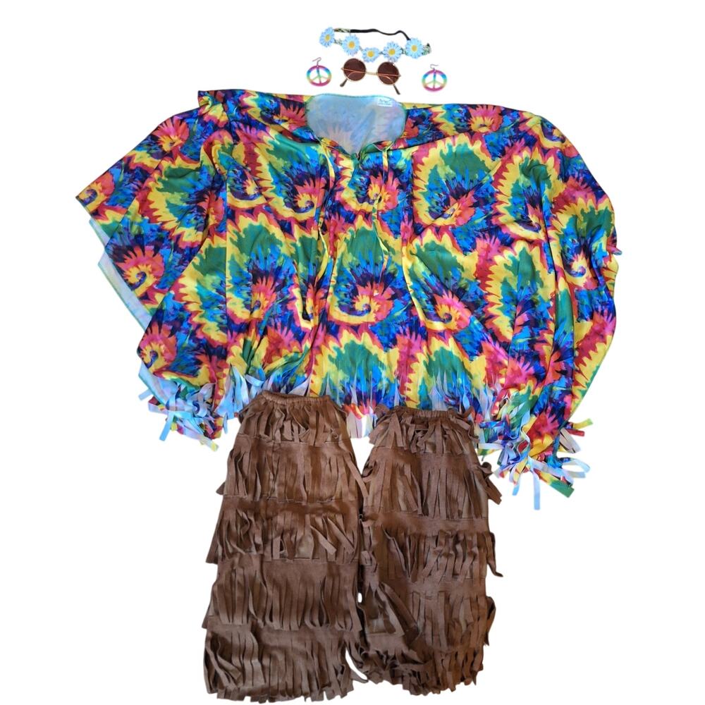 Spirit Halloween Hippie Costume Set Adult One Size Tie Dye Poncho Accessories